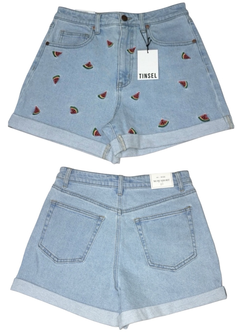 Tinsel Watermelon Hi-Rise Mom Shorts Embroidered Blue Jean Women’s 27 NWT
